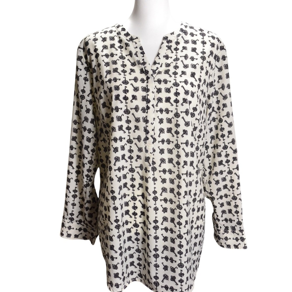 Talbots Ivory Black Vintage Key Print Tunic Long Sleeve Boho Minimal‎ Chic